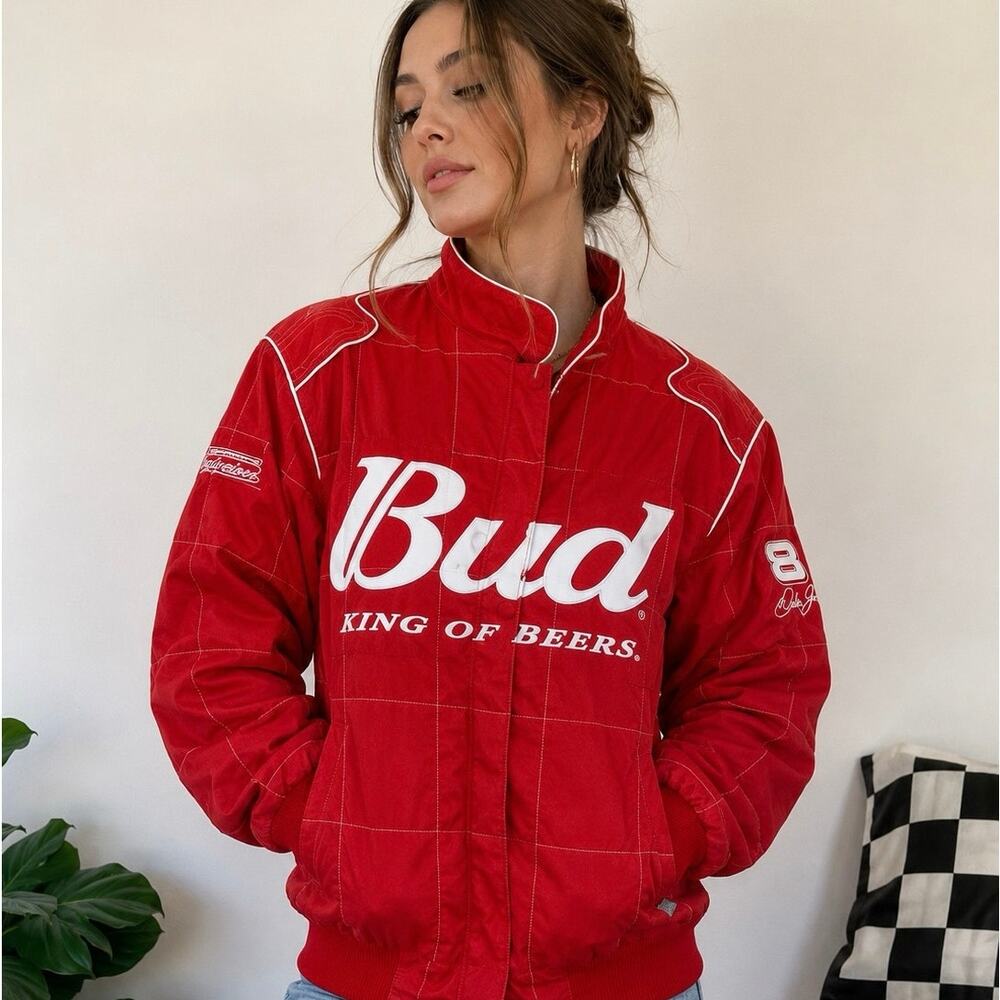 Chase Authentics Budweiser NASCAR Racing Jacket Women’s Large Dale Jr Red